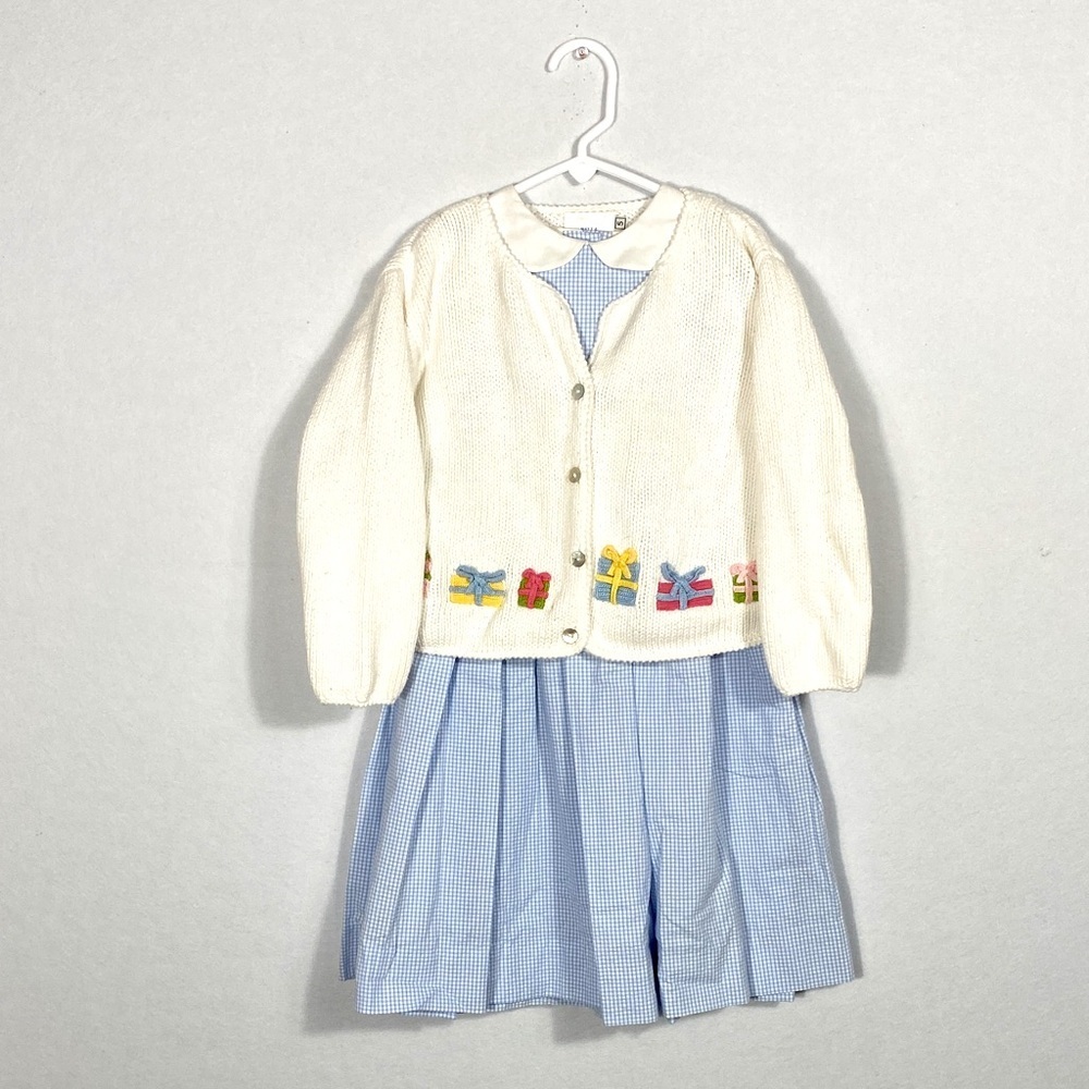 Bella Bliss 100% cotton Checkered Dress with handmade sweater little girl 5/6